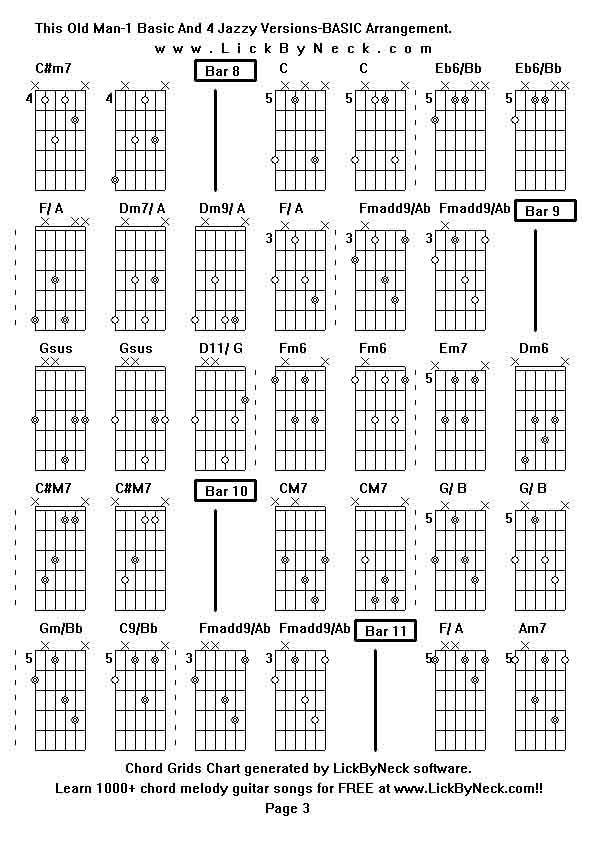 Chord Grids Chart of chord melody fingerstyle guitar song-This Old Man-1 Basic And 4 Jazzy Versions-BASIC Arrangement,generated by LickByNeck software.